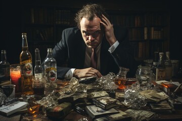A man with an alcohol addiction sleeps at a table surrounded by a variety of alcoholic drinks, a scene that conveys the struggle and consequences of addiction