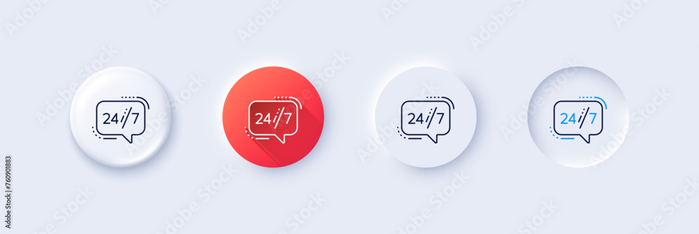 Poster 24 hours service line icon. neumorphic, red gradient, 3d pin buttons. call support sign. feedback ch