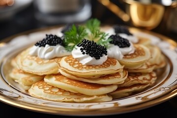 Delicious fluffy pancakes with an exquisite topping of black caviar for gourmet dining - obrazy, fototapety, plakaty