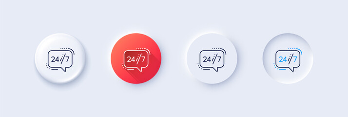24 hours service line icon. Neumorphic, Red gradient, 3d pin buttons. Call support sign. Feedback chat symbol. Line icons. Neumorphic buttons with outline signs. Vector