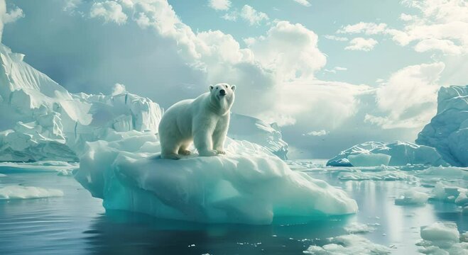 Polar Bear on Ice Floe Next to Melting Iceberg, Fragile Arctic Ecosystems and Urgent Need for Conservation