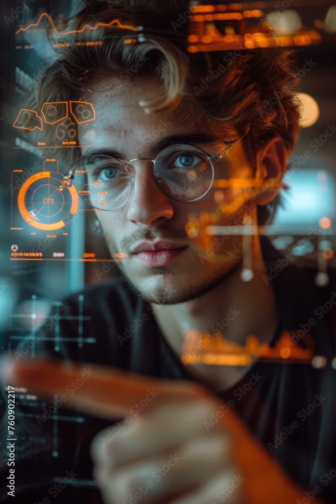 Poster a man in glasses is pointing at a screen with a digital interface. generative ai.