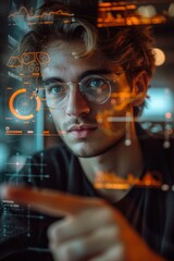 A man in glasses is pointing at a screen with a digital interface. Generative AI.