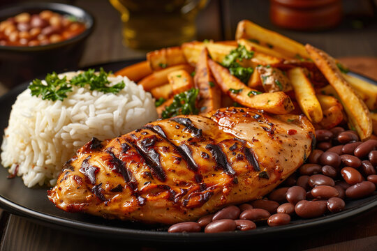 Chicken breast, rice, beans and french fries. Typical brazilian executive dish.