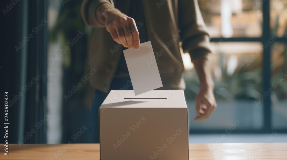 Poster a person putting a paper into a voting box. generative ai.