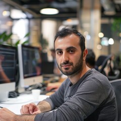 Obraz premium Man Sitting at Desk Working on Computer