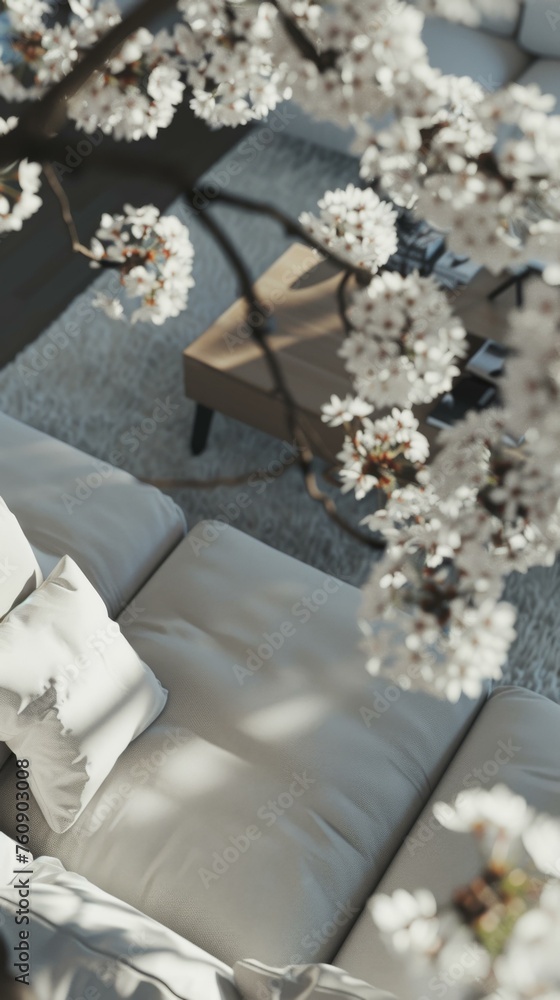 Poster a couch with pillows and a table in the background. generative ai.