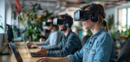 A group of people wearing virtual reality headsets working on laptops. Generative AI.