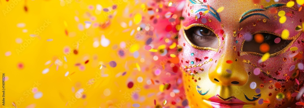 Poster a close-up of a person with a mask with colorful confetti falling from it. generative ai.