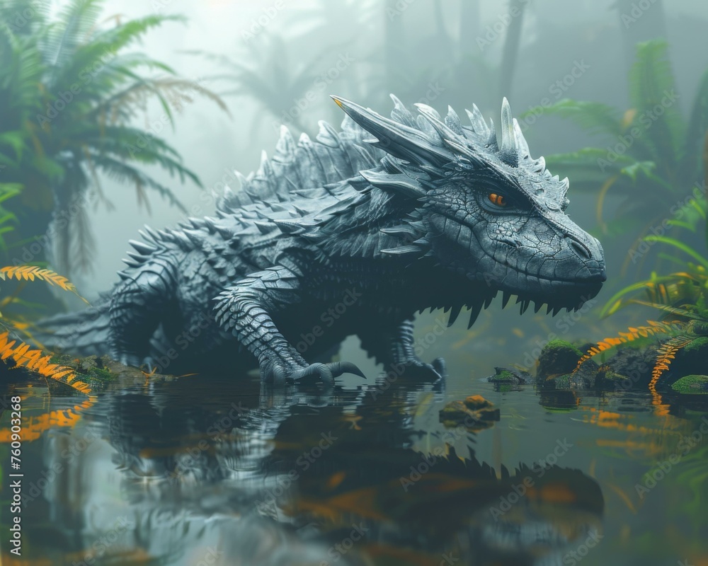 Poster a large dragon is standing in a swamp with water around it. generative ai.