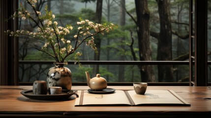 Wooden Table With Vase of Flowers