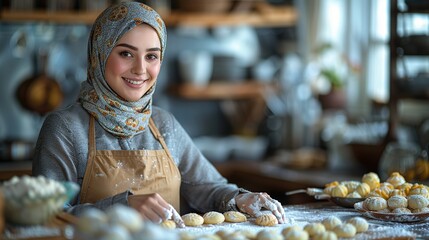 A Muslim woman wearing a hijab is making a cake using an apron - Powered by Adobe