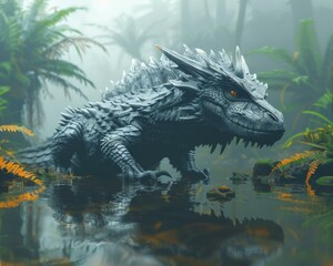 A large dragon is standing in a swamp with water around it. Generative AI.