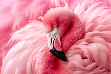 A pink flamingo is standing in front of a pink background. The flamingo is the main focus of the image, and it is looking at the camera
