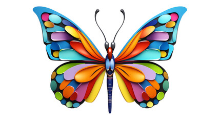 A colorful butterfly gracefully flutters against a stark white background