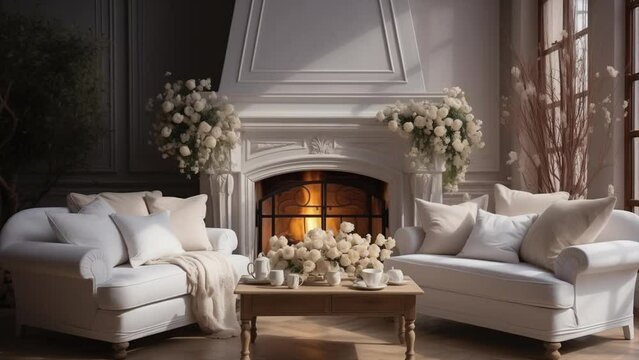 Des canapés blancs contre cheminée. Design d'intérieur de style campagnard d'un salon moderne.