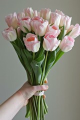 A person holding a bouquet of pink tulips. Generative AI.