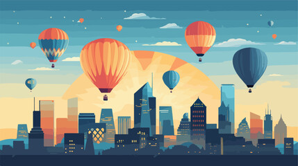Colorful hot air balloons floating above a city sky