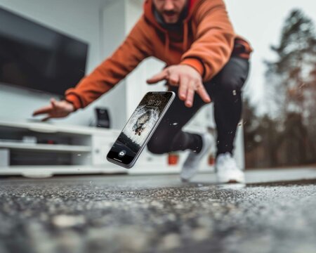 A man jumps to catch a falling phone Generative AI.
