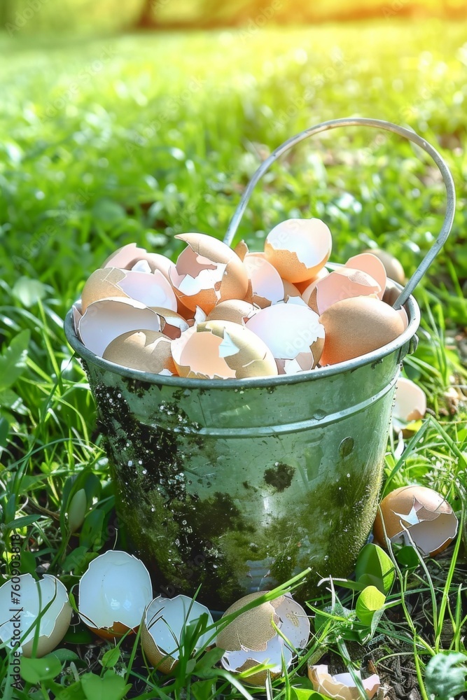 Aufkleber a bucket filled with broken eggs on the grass. generative ai.