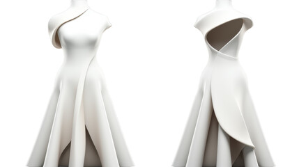 A white dress beautifully displayed on a white mannequin