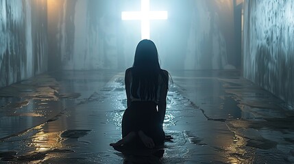 woman alone in a dark room is praying in front of a cross - obrazy, fototapety, plakaty