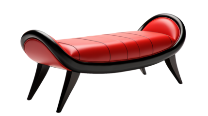 A red and black bench stands boldly on a white floor, creating a striking contrast of colors