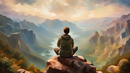 Man sitting on the edge of a cliff and meditation contemplation. Dawn over mountains, lone person, peaceful nature river forest morning journey art painting illustration - obrazy, fototapety, plakaty