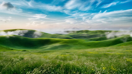 Fototapeta premium Spring in the meadow with green and fresh grass, accompanied by beautiful clouds.