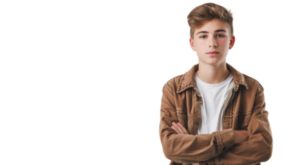 A young man stands confidently with his arms crossed, exuding strength and determination