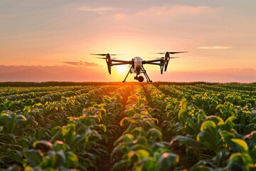 Smart agricultural drone flying over a field of crops Providing precision farming services such as spraying Monitoring And data analysis for crop optimization. - obrazy, fototapety, plakaty