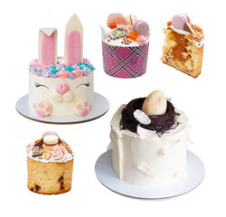 Set of beautiful traditional orthodox cakes decorated with glaze, meringues, chocolate, nuts, toffees, macaroons and jelly