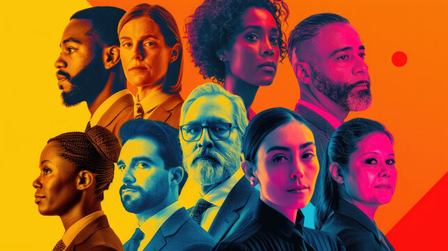 Side profiles of group of individuals representing diversity in the workplace, with complementary portraits facing forward, set against a two-tone backdrop