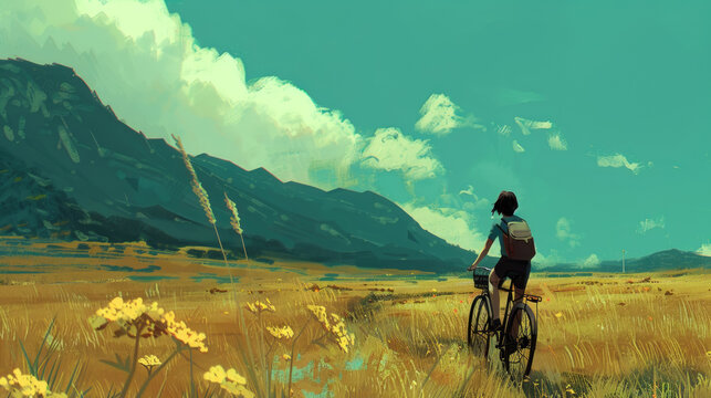 A painting depicting a person energetically riding a bike in a vast field under a clear sky