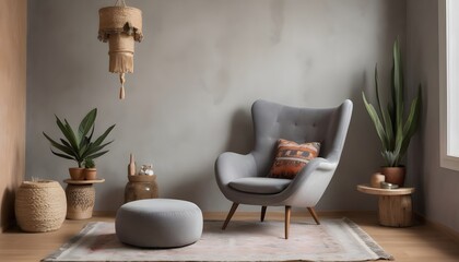 Inspired Interior Design with a Grey Snuggle Chair Against a Stucco Wall