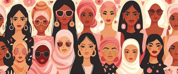 A diverse group of women wearing headscarves and sunglasses are gathered together, likely for an event, celebration, or protest - obrazy, fototapety, plakaty