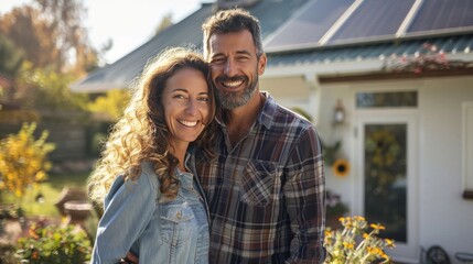 Fototapeta premium man and woman couple in front of their home