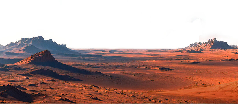 Panoramic view of the rocky surface of Mars with transparent background, png file.