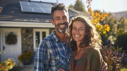 Fototapeta premium man and woman couple in front of their home