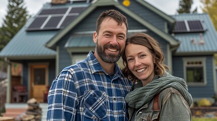 Fototapeta premium man and woman couple in front of their home