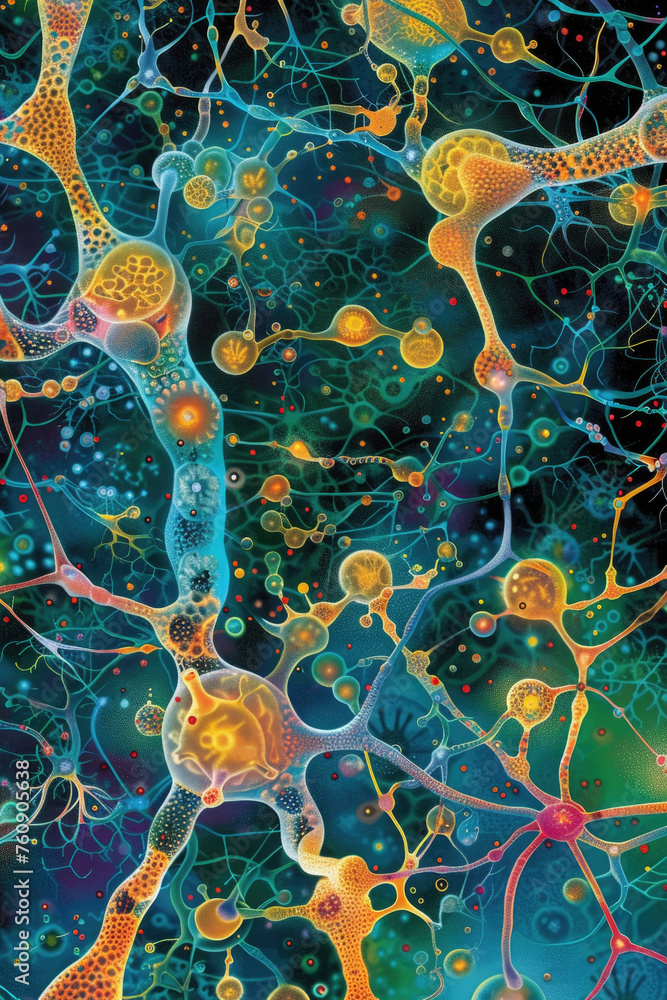 Poster an artistic depiction of the complex network of neurons and synapses in the brain, showcasing the vi