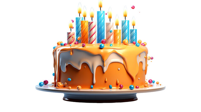 A birthday cake is covered in numerous candles ablaze with golden flames, casting a warm glow