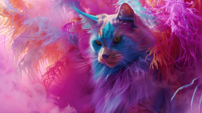A colorful feline surrounded by soft feathers, showcasing an intriguing blend of pink and purple shades with attentive eyes