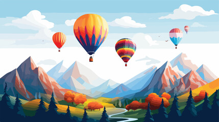 Colorful hot air balloons floating over a scenic mo - obrazy, fototapety, plakaty