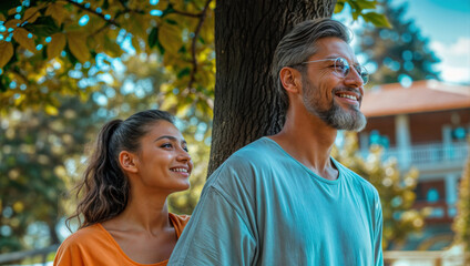 Naklejka premium Embracing nature together. A man and a woman stand next to a tree, experiencing togetherness, joy, and affection in a colorful image of bonding and connection