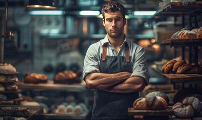 working portrait of a man Baker on a background of bread