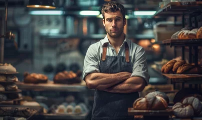 Cercles muraux Boulangerie working portrait of a man Baker on a background of bread