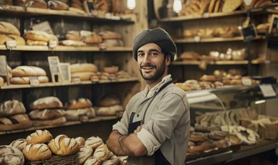 Tuinposter working portrait of a man Baker on a background of bread © Андрей Трубицын