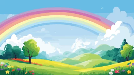 Foto op Plexiglas Colorful rainbow over a scenic countryside landscap © visual