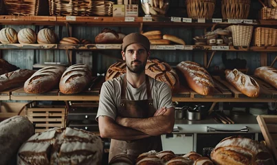 Foto op Plexiglas working portrait of a man Baker on a background of bread © Андрей Трубицын